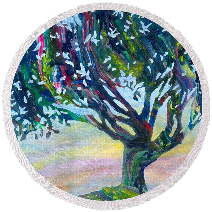 Tree Round Beach Towel featuring the painting Whimsical Tree Pastel Sky by Denise Hoag