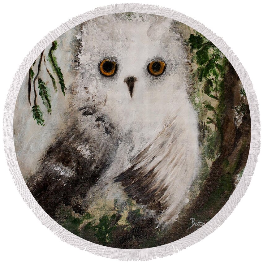 Snow Round Beach Towel featuring the painting Whisper the Snowy Owl by Barbie Batson