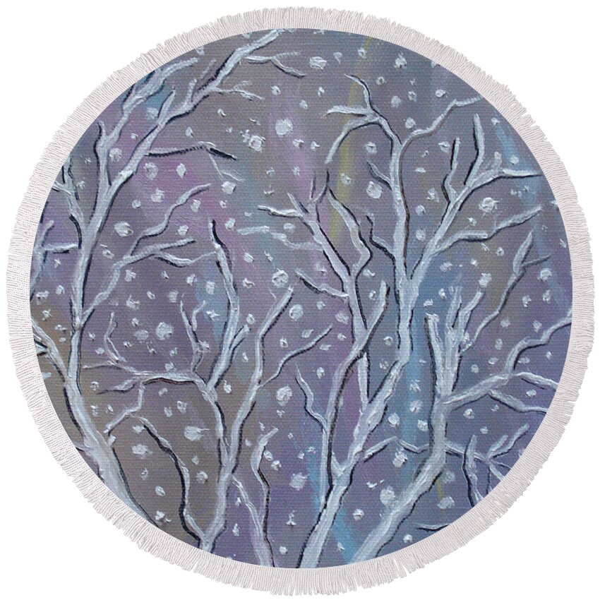Snow Round Beach Towel featuring the painting White Branches by Judith Rhue