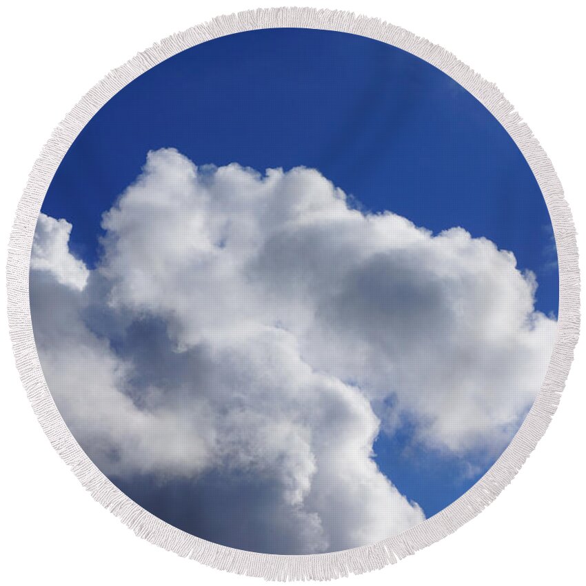 White Round Beach Towel featuring the photograph White Clouds Art Prints Blue Sky by Patti Baslee
