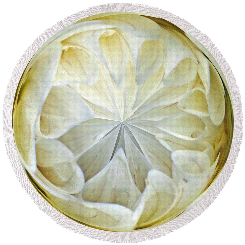 Design Round Beach Towel featuring the photograph White Dahlia Orb by Tikvah's Hope