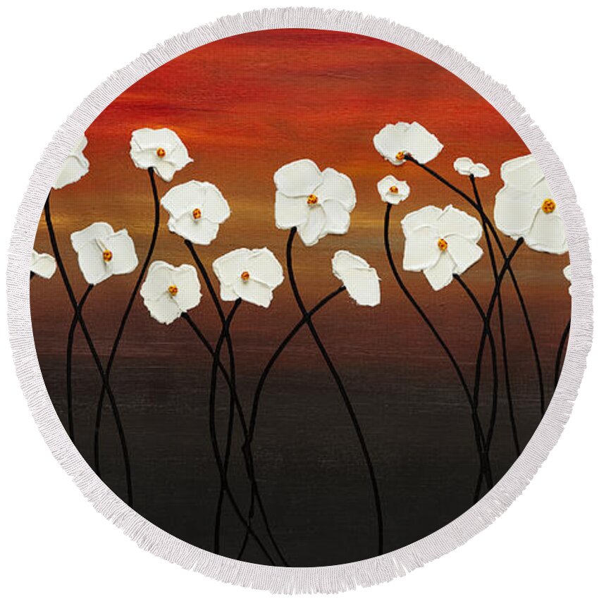 White Poppies Round Beach Towel featuring the painting White Dreams by Carmen Guedez