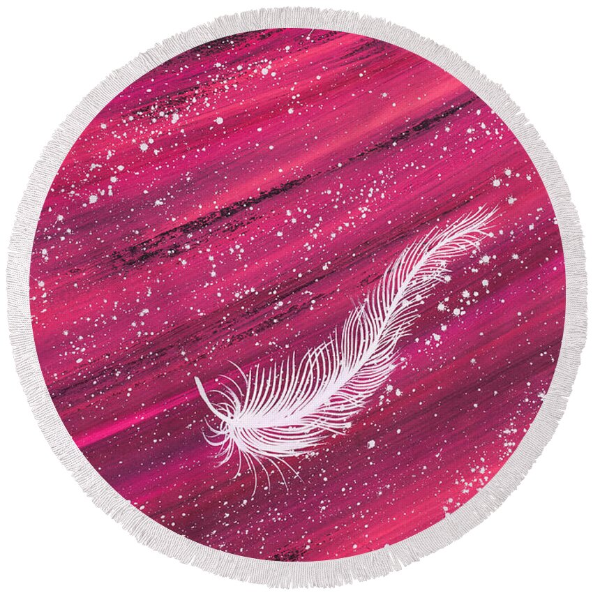 Feather Round Beach Towel featuring the painting White spiritual feather on pink streak by Carolyn Bennett by Simon Bratt
