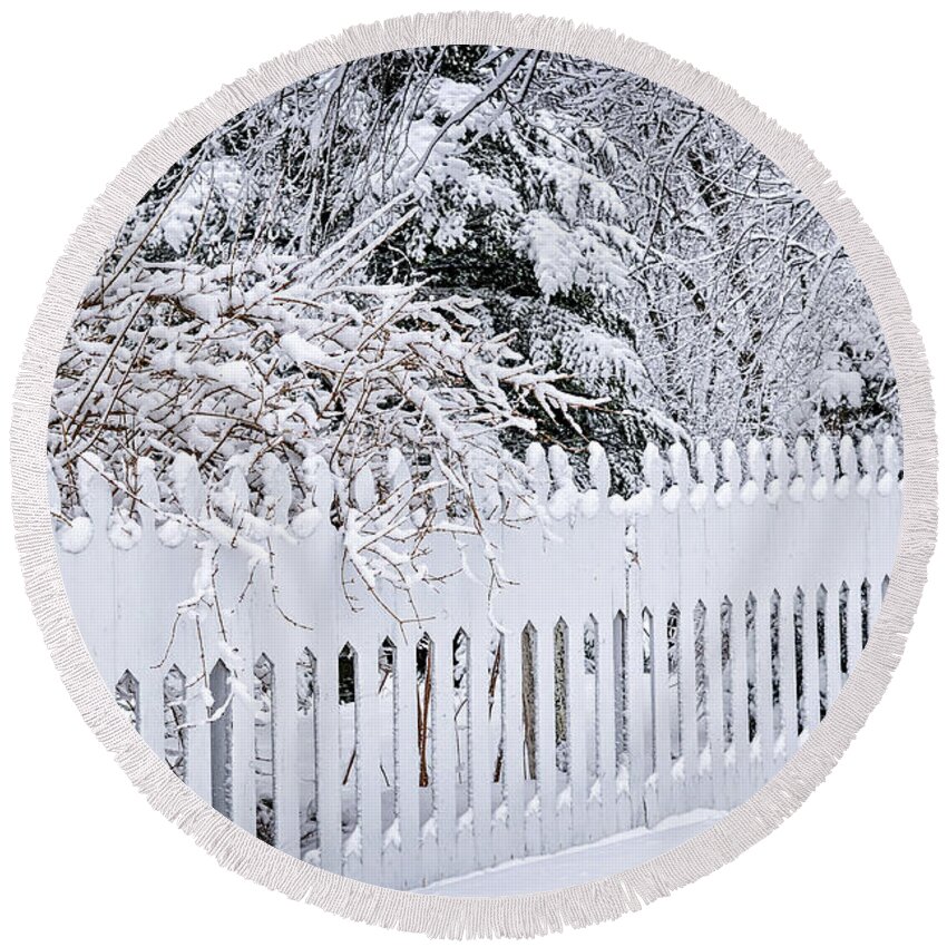 Winter Round Beach Towel featuring the photograph White fence with winter trees by Elena Elisseeva