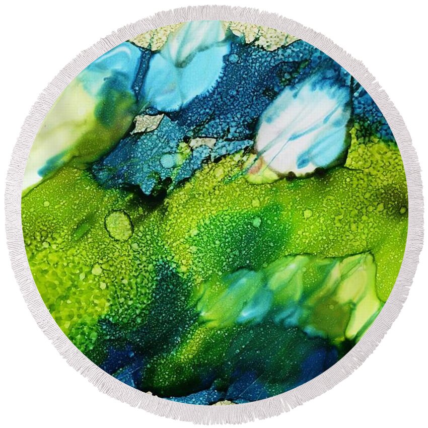Art; Painting; Alcohol Ink; Abstract Painting; Yupo; Small Art; Wall Art; Office D�cor; Home D�cor; Modern Art; Apartment Art; Original Art; Alcohol Ink Art; Green And Blue Round Beach Towel featuring the painting White Fusion by Yolanda Koh