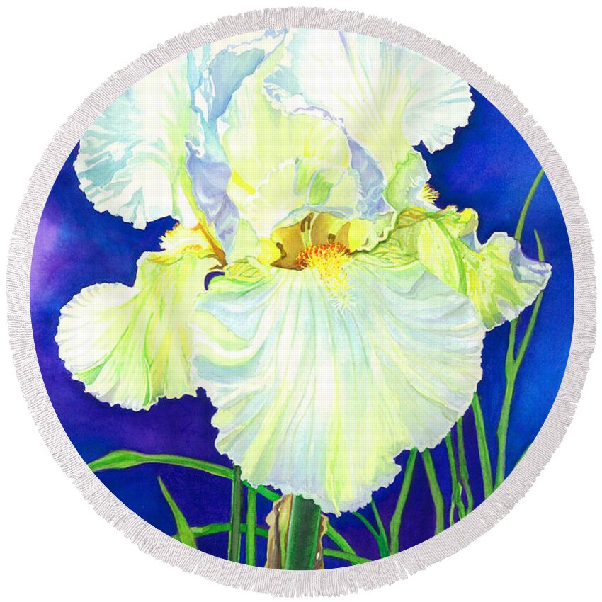 Flower Round Beach Towel featuring the painting White Iris by Barbara Jewell