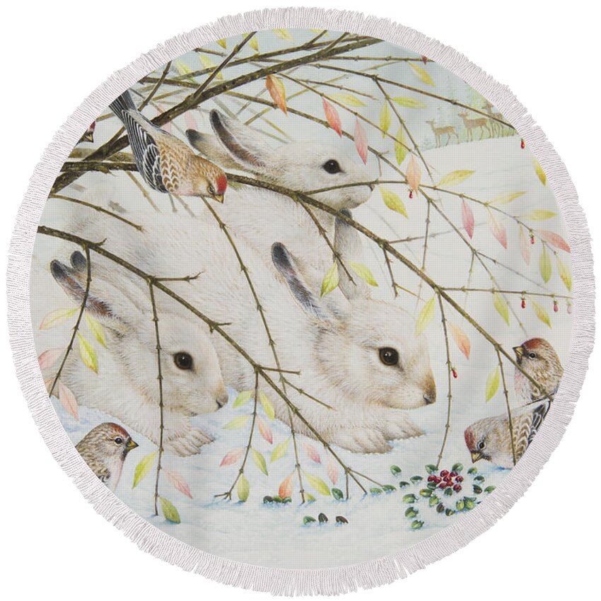 Christmas Round Beach Towel featuring the painting White Rabbits by Lynn Bywaters