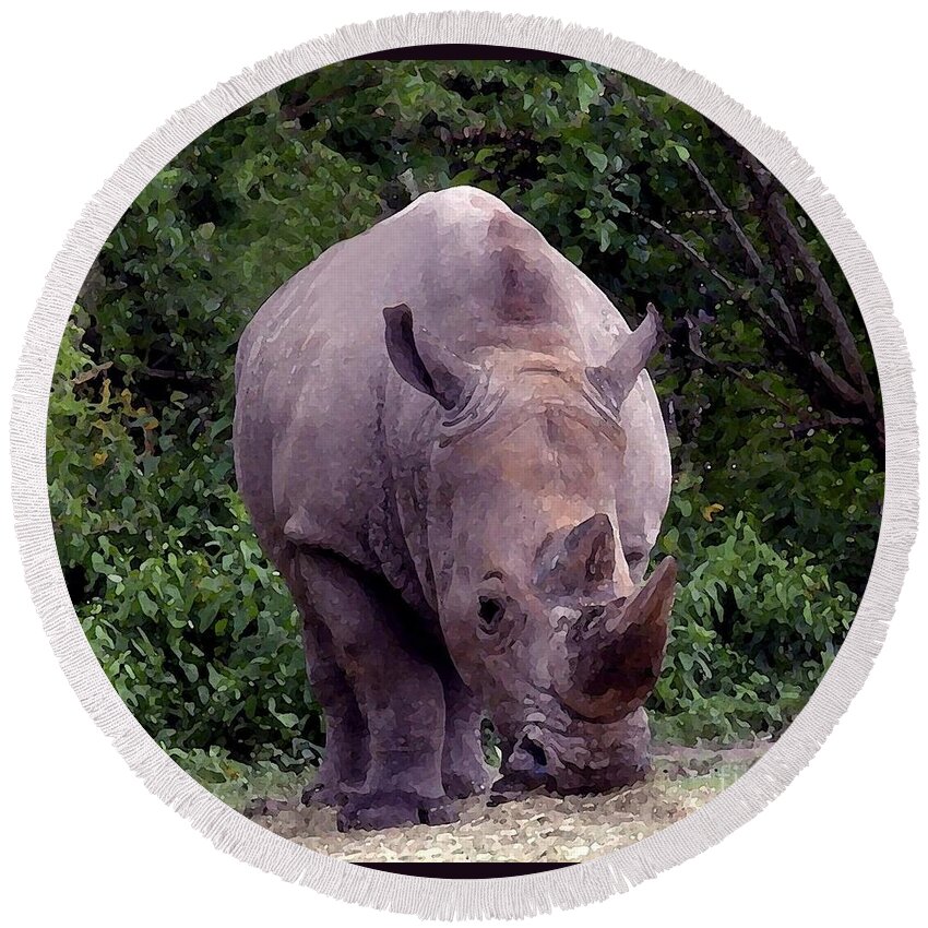 Rhino Round Beach Towel featuring the photograph White Rhinoceros Water Coloring by Joseph Baril