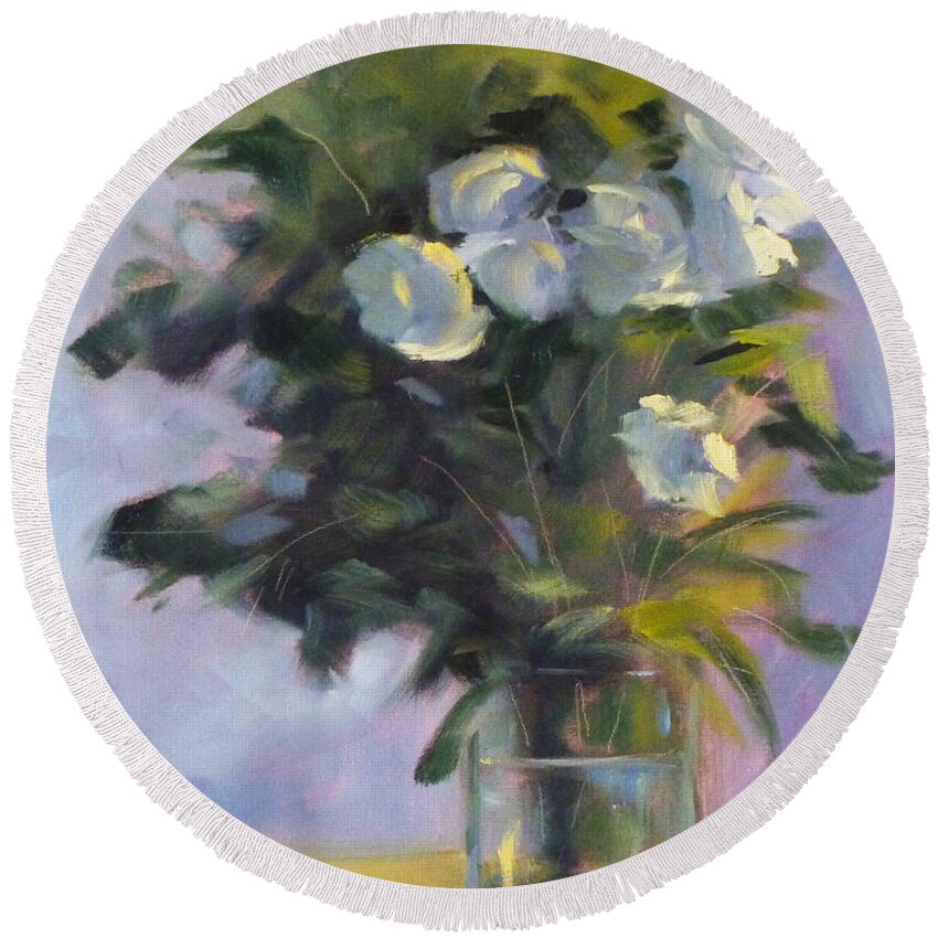 White Round Beach Towel featuring the painting White Roses by Nancy Merkle