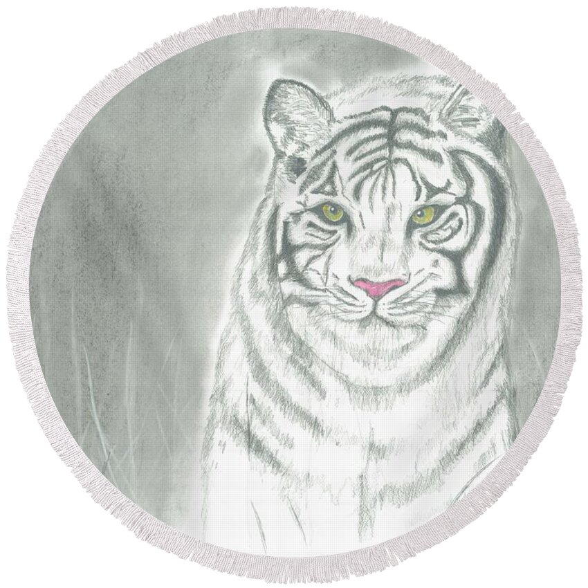 Tiger Round Beach Towel featuring the pastel White Tiger by David Jackson
