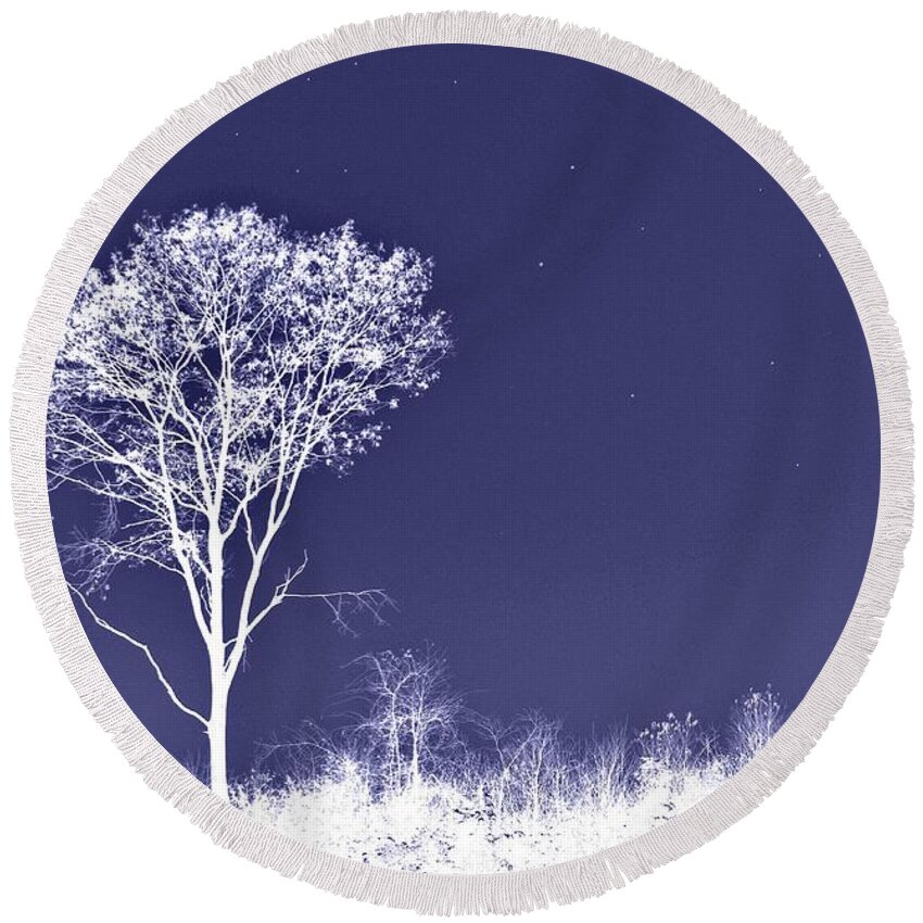 Tree Round Beach Towel featuring the photograph White Tree - Blue Sky - Silver Stars by Phyllis Meinke