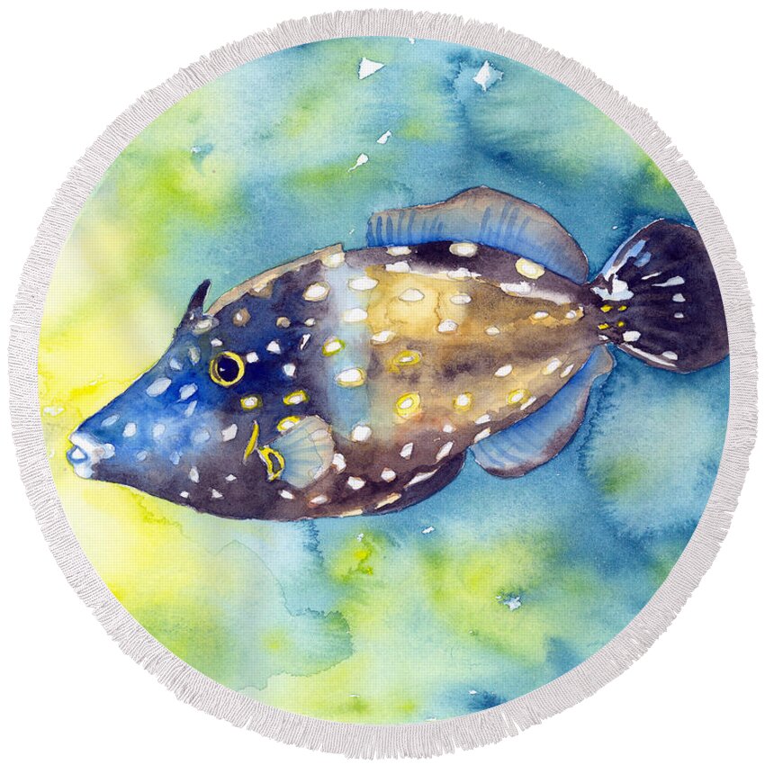 Filefish Round Beach Towel featuring the painting Whitespot Filefish by Pauline Walsh Jacobson