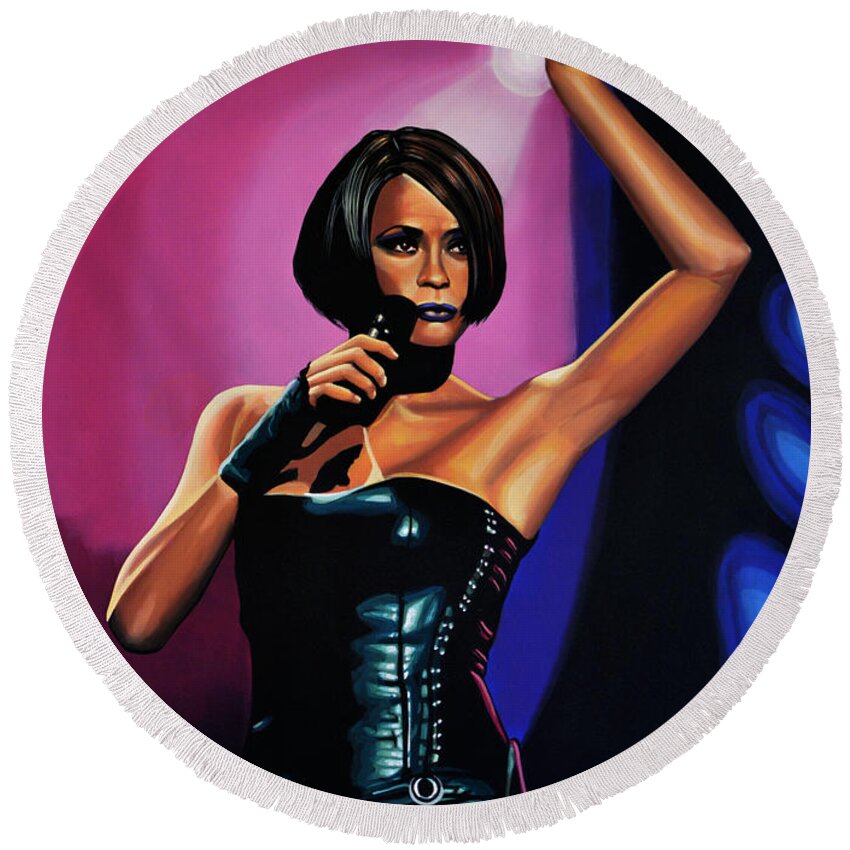 Whitney Houston Round Beach Towel featuring the painting Whitney Houston On Stage by Paul Meijering