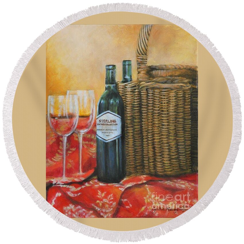 Vineyards Round Beach Towel featuring the painting Wicker and Wine by Cynthia Parsons