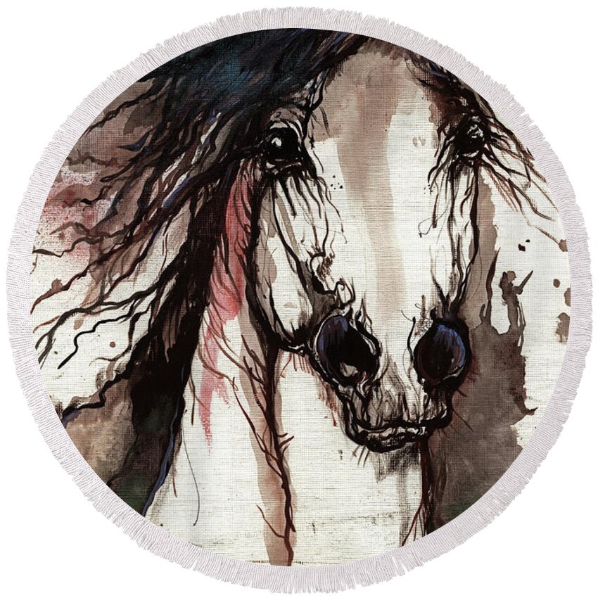 Horse Round Beach Towel featuring the painting Wild Arabian Horse by Ang El