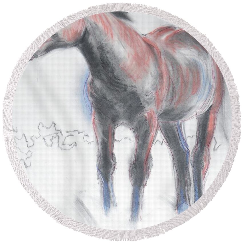 Wild Horse Round Beach Towel featuring the painting Wild Dartmoor Horse by Mike Jory