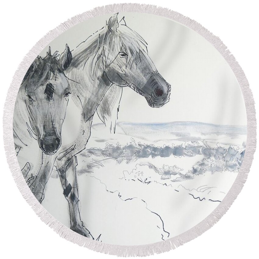 Horse Round Beach Towel featuring the painting Wild Horses drawing by Mike Jory