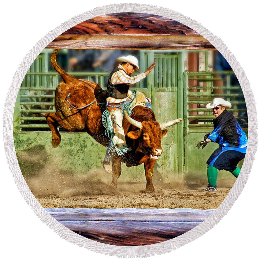 Bull Riding Round Beach Towel featuring the photograph Wild Ride by Priscilla Burgers