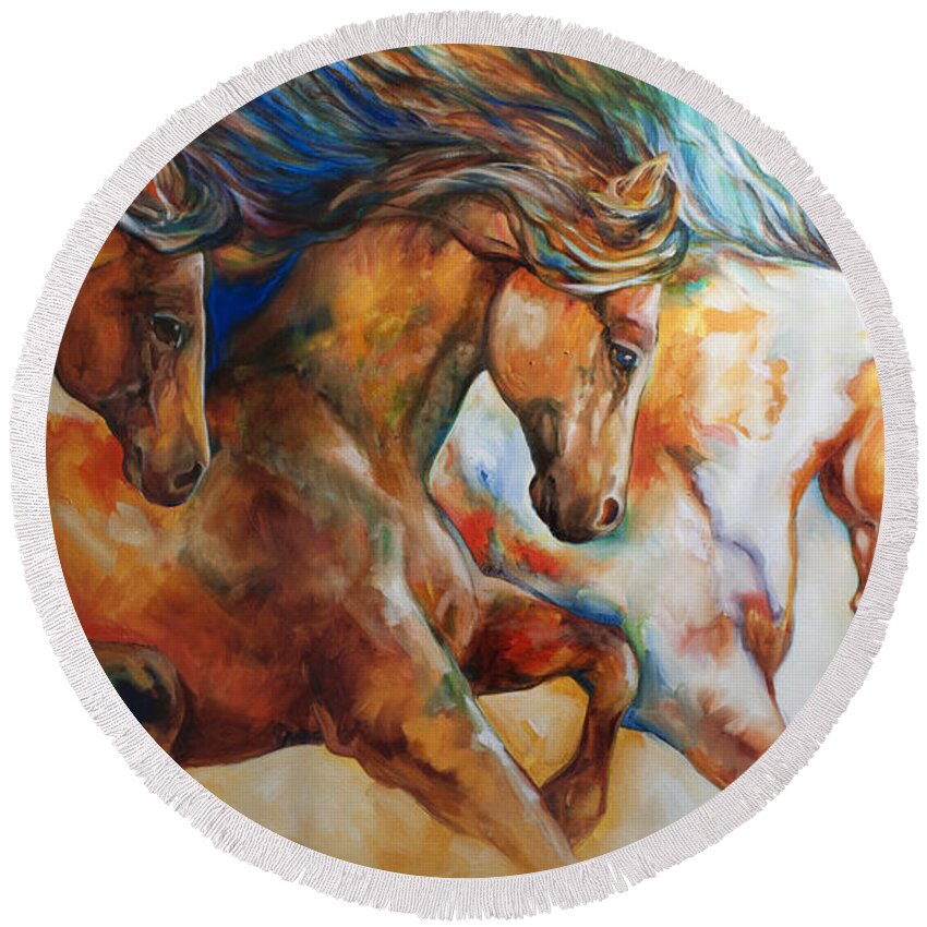 Horse Round Beach Towel featuring the painting Wild Trio Run by Marcia Baldwin