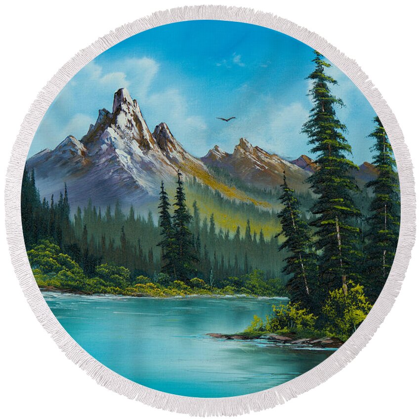 Landscape Round Beach Towel featuring the painting Wilderness Waterfall by Chris Steele