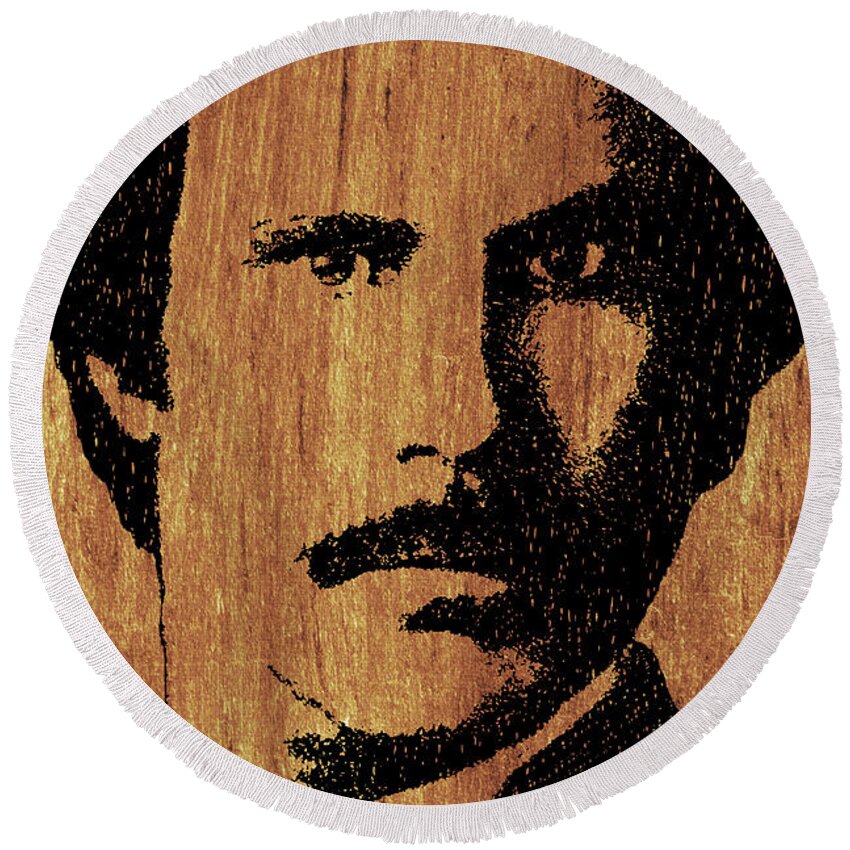 Anchorman Round Beach Towel featuring the painting Will Ferrell Anchorman Ron Burgundy On Simulated Simulated Wood by Tony Rubino