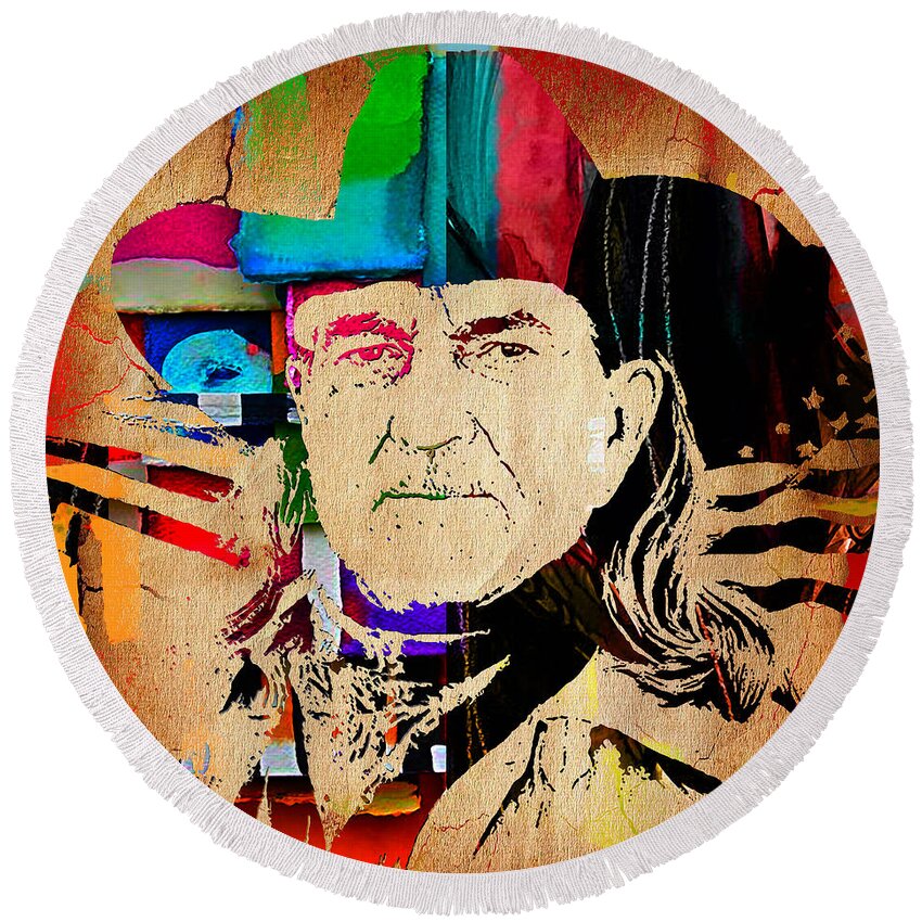Willie Nelson Round Beach Towel featuring the mixed media Willie Nelson Collection by Marvin Blaine