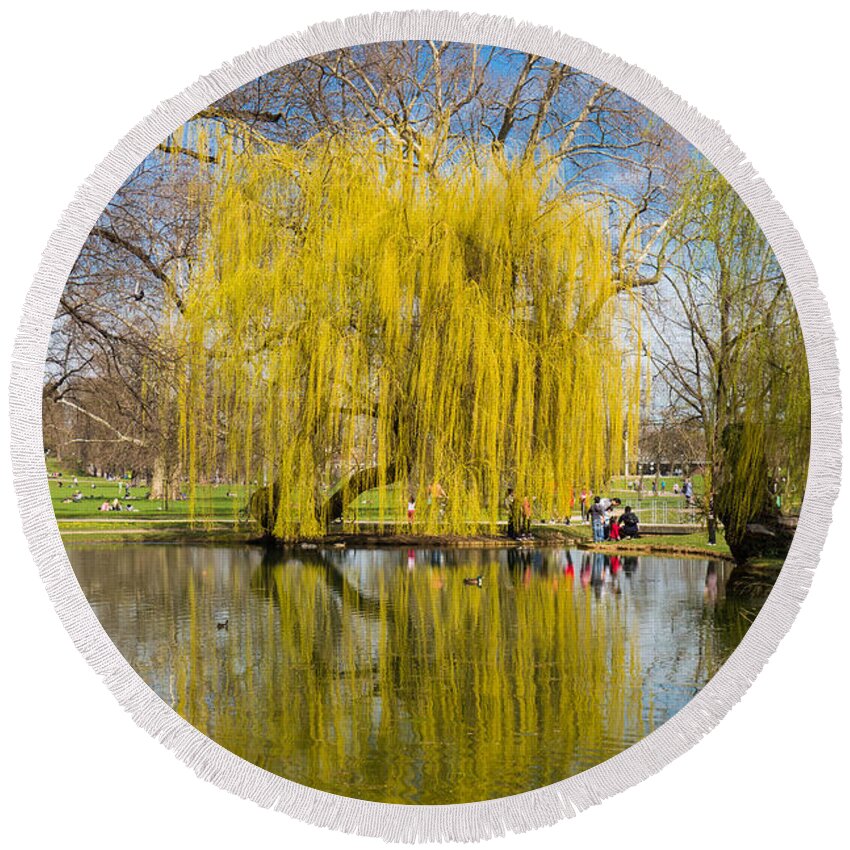 Willow Round Beach Towel featuring the photograph Willow tree water reflection by Matthias Hauser