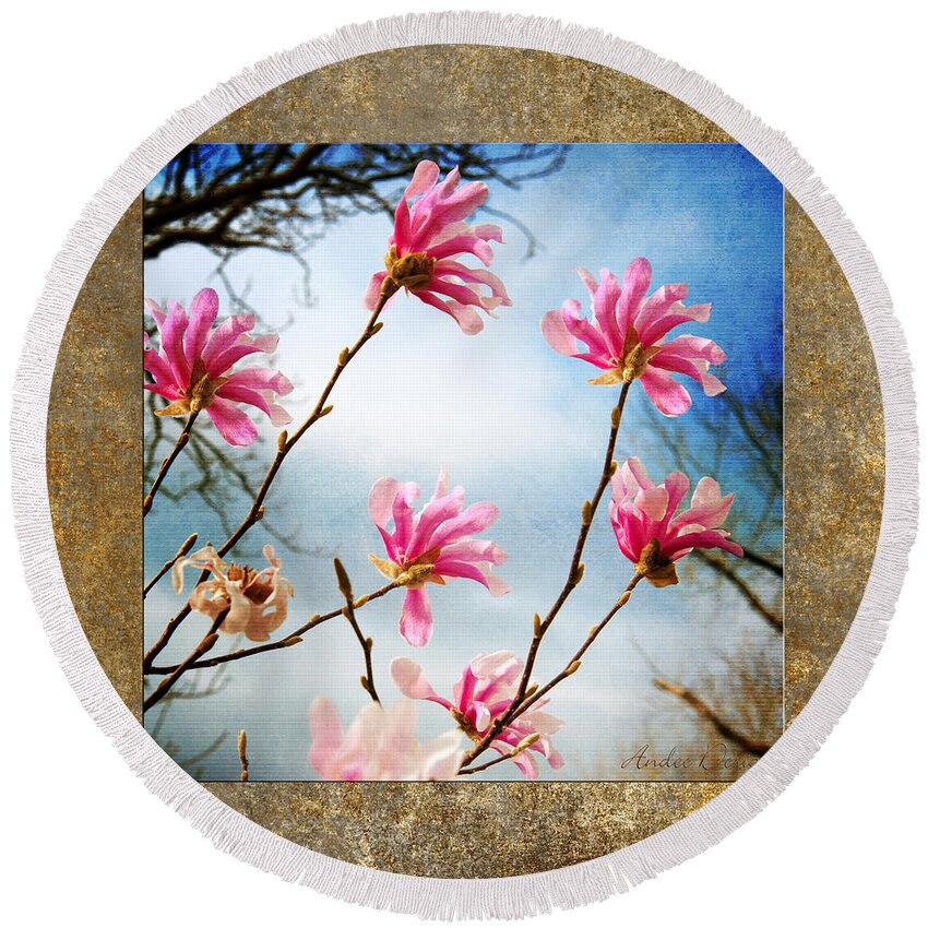 Magnolia Round Beach Towel featuring the photograph Wind In The Magnolia Tree Square by Andee Design
