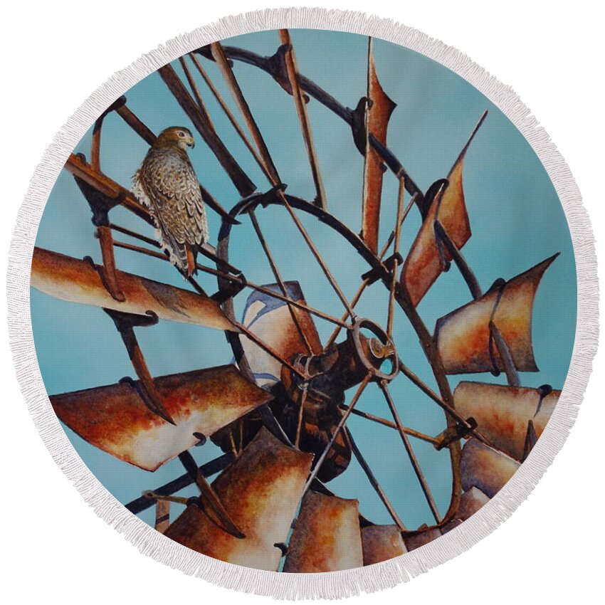 Windmill Round Beach Towel featuring the painting Windmill and Hawk by Greg and Linda Halom