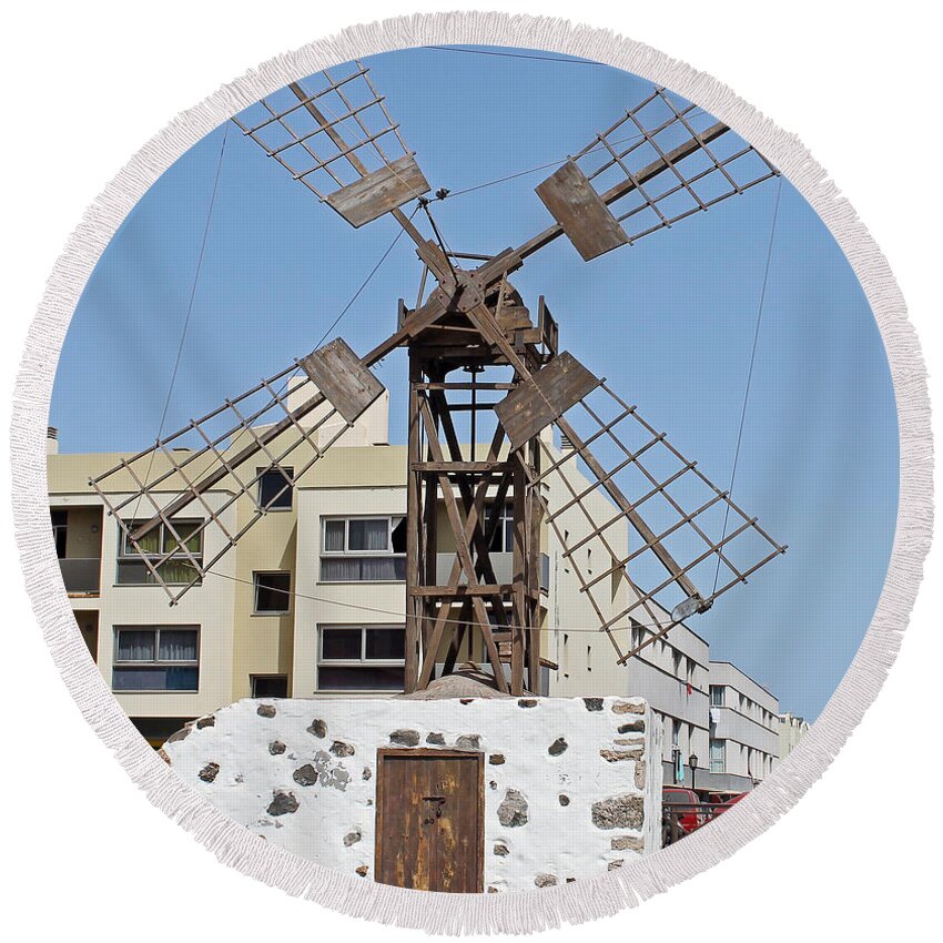 Windmill Round Beach Towel featuring the photograph Windmill in Coralejo Fuerteventura by Tony Murtagh