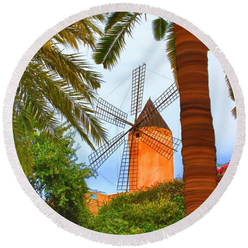 Spain Round Beach Towel featuring the painting Windmill in Palma de Mallorca by Deborah Boyd