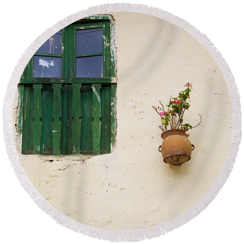 Window Round Beach Towel featuring the photograph Window and flowers by Alexey Stiop