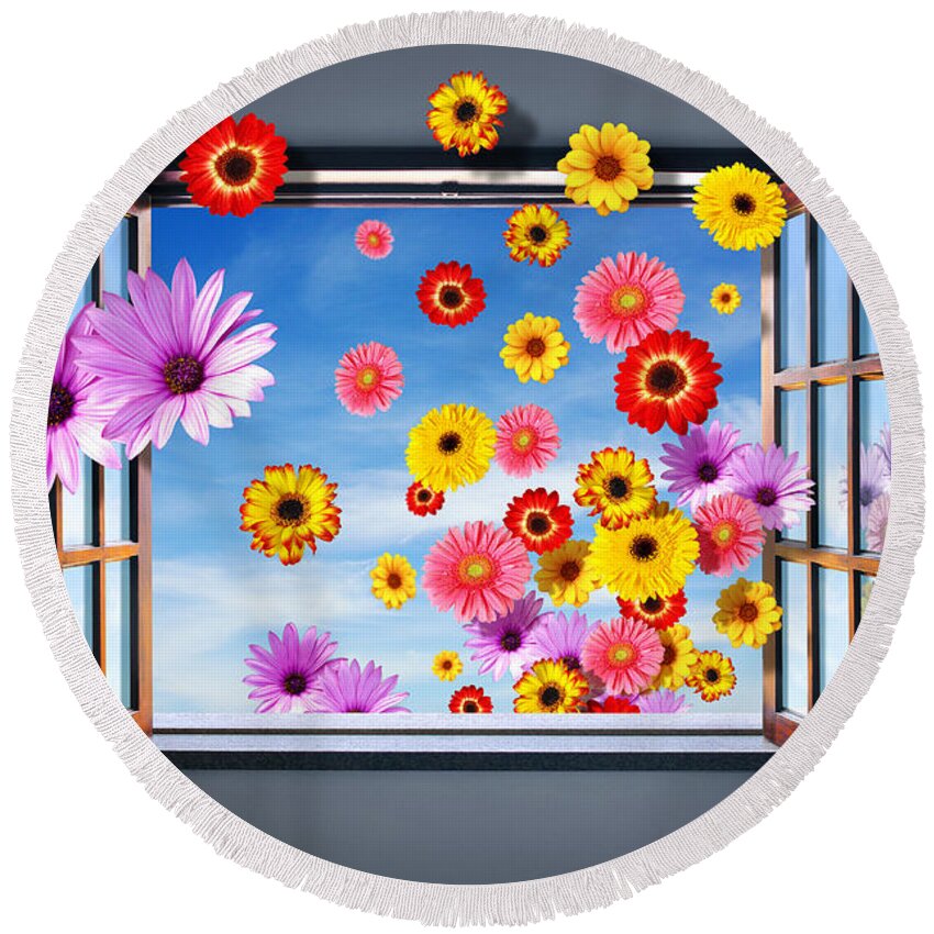 Abstract Round Beach Towel featuring the photograph Window of Flowers by Carlos Caetano