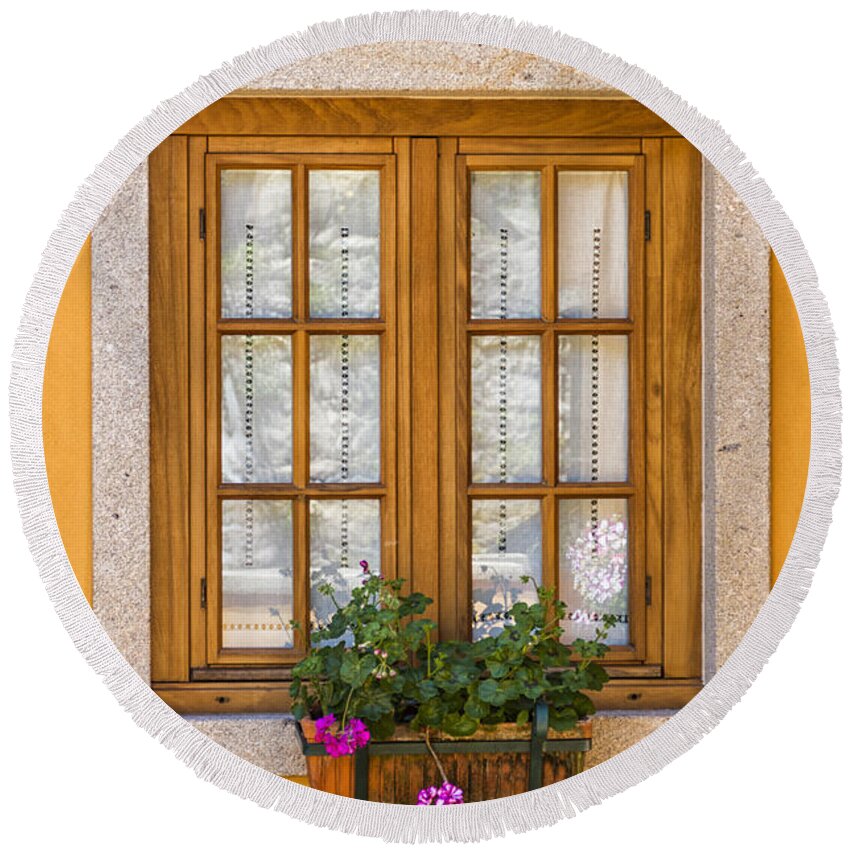 Flower Round Beach Towel featuring the photograph Window with flowers by Paulo Goncalves