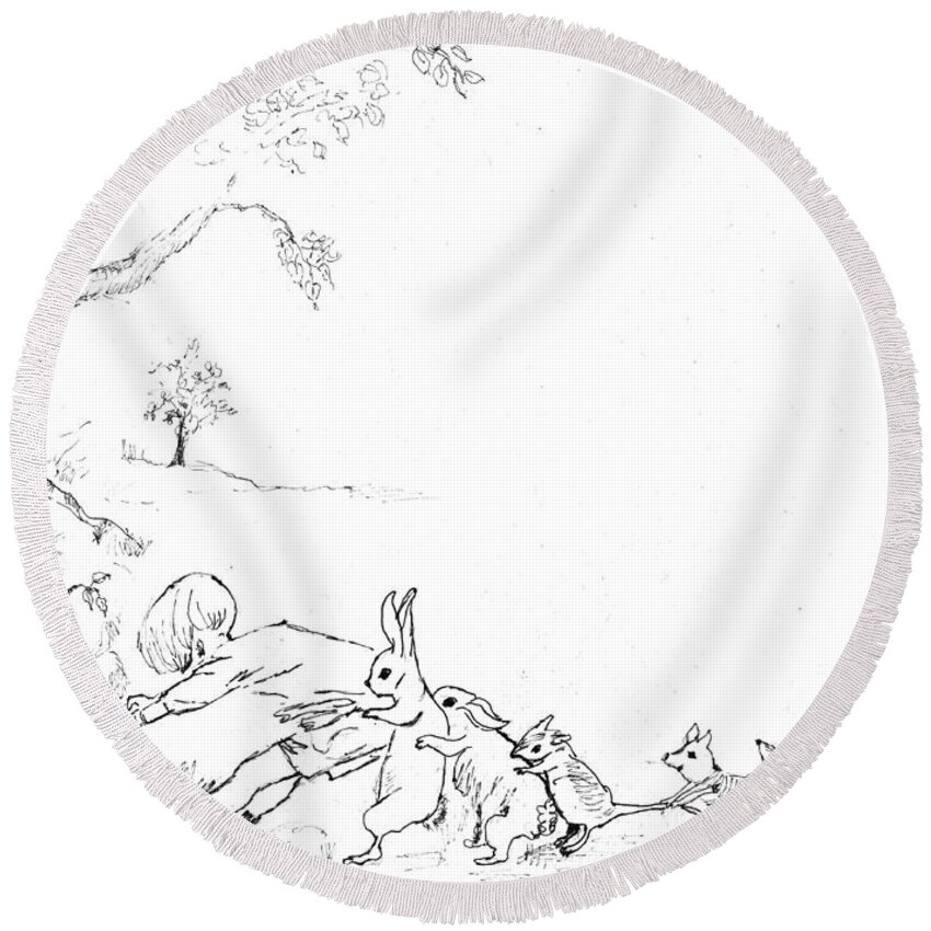 Winnie The Pooh Round Beach Towel featuring the painting Winnie the Pooh and Crew in Pen and Ink after E H Shepard by Maria Hunt