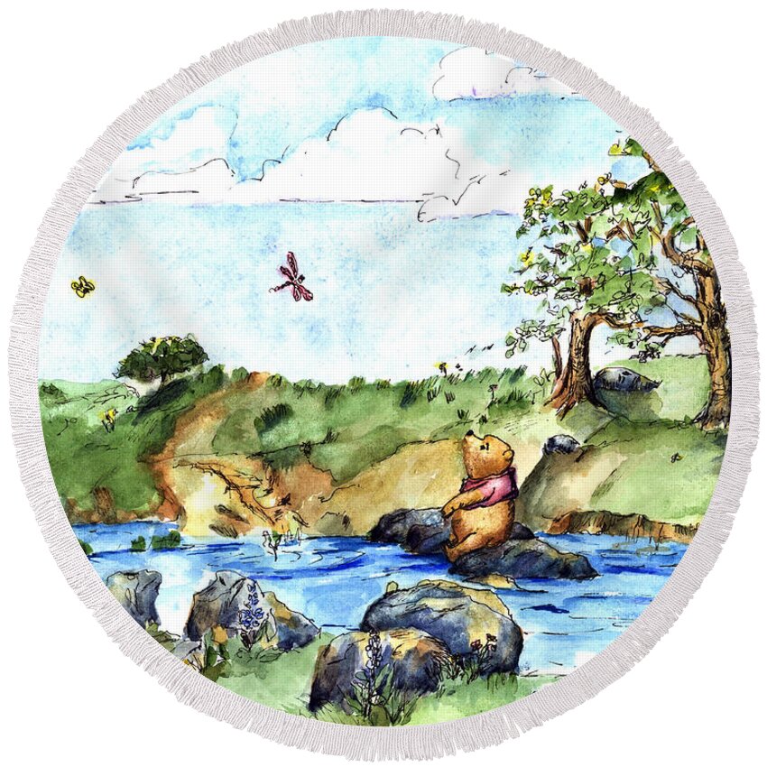 Winnie The Pooh Illustration Round Beach Towel featuring the painting Imagining the Hunny after E H Shepard by Maria Hunt