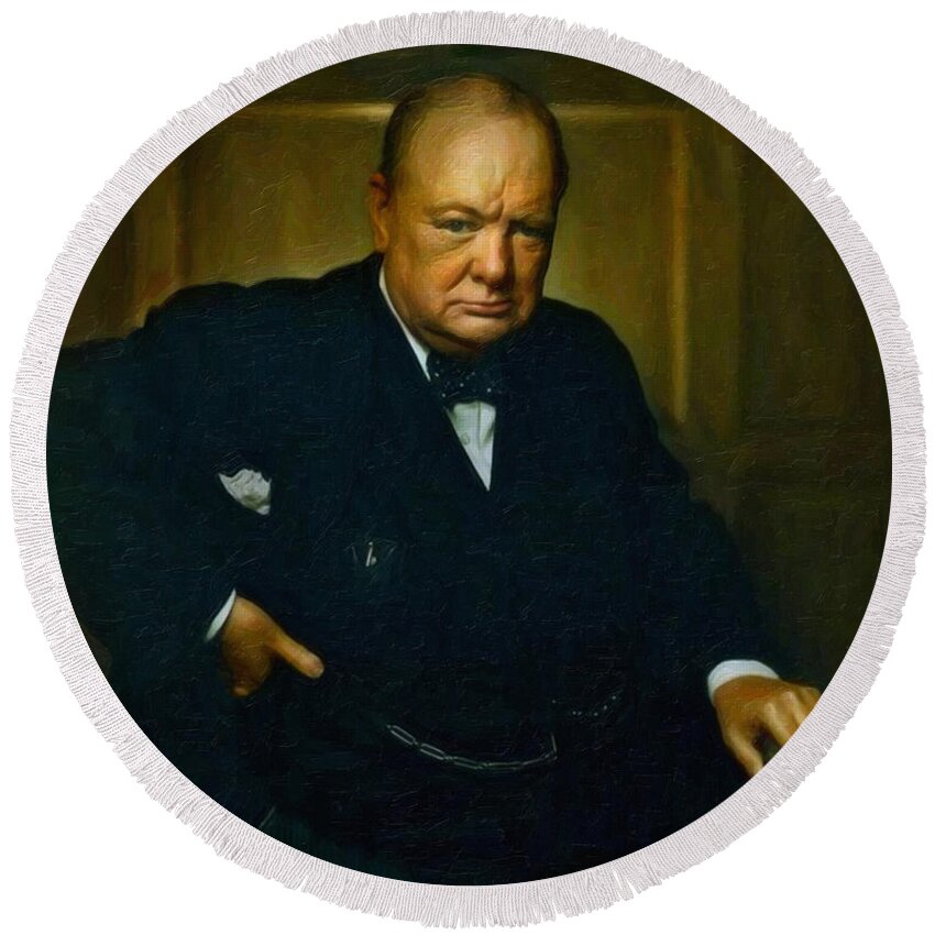 Landmark Round Beach Towel featuring the painting Winston Churchill by Celestial Images