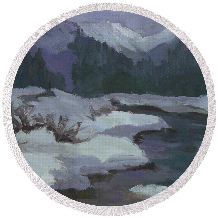 Winter Round Beach Towel featuring the painting Winter at Snoqualmie Pass by Diane McClary