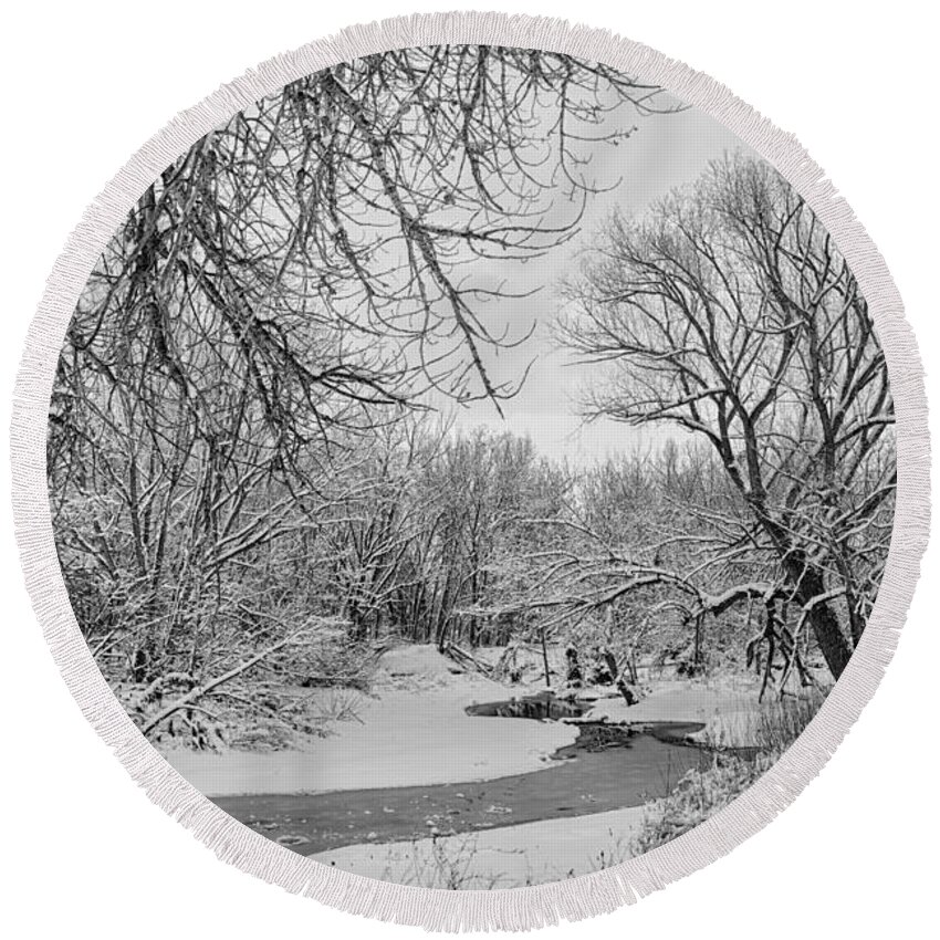 Winter Round Beach Towel featuring the photograph Winter Creek in Black and White by James BO Insogna