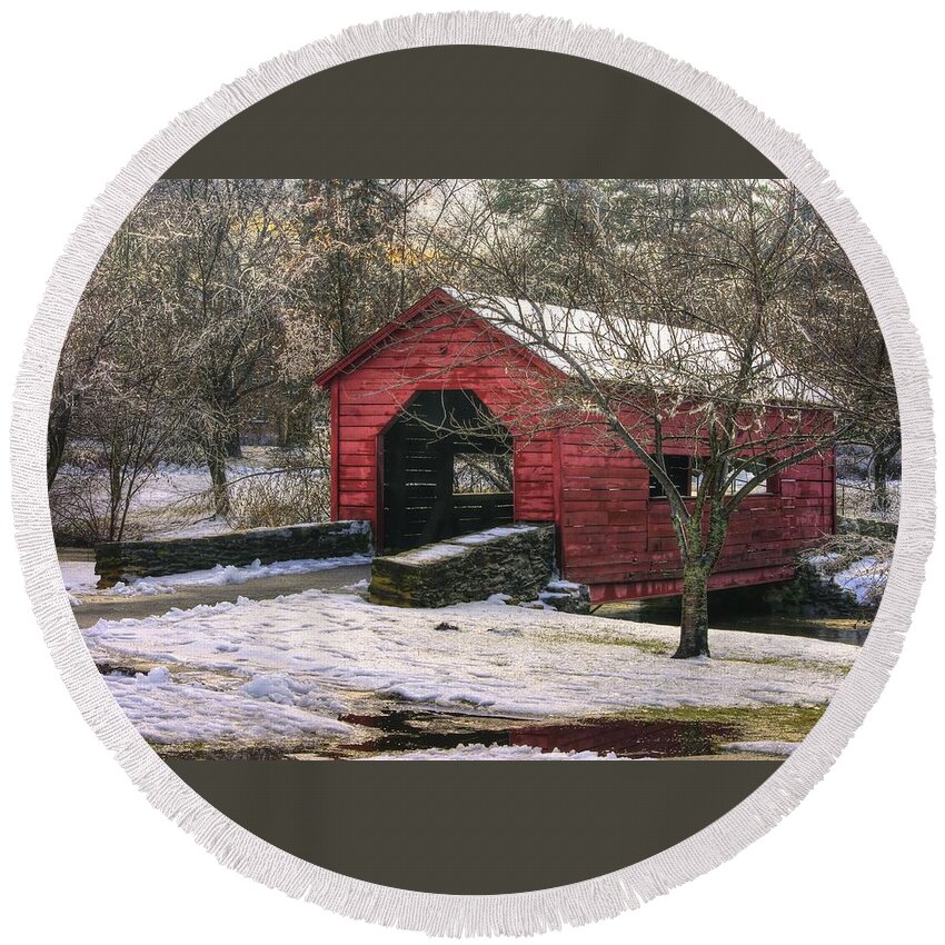 Carroll Creek Covered Bridge Round Beach Towel featuring the photograph Winter Crossing in Elegance - Carroll Creek Covered Bridge - Baker Park Frederick Maryland by Michael Mazaika