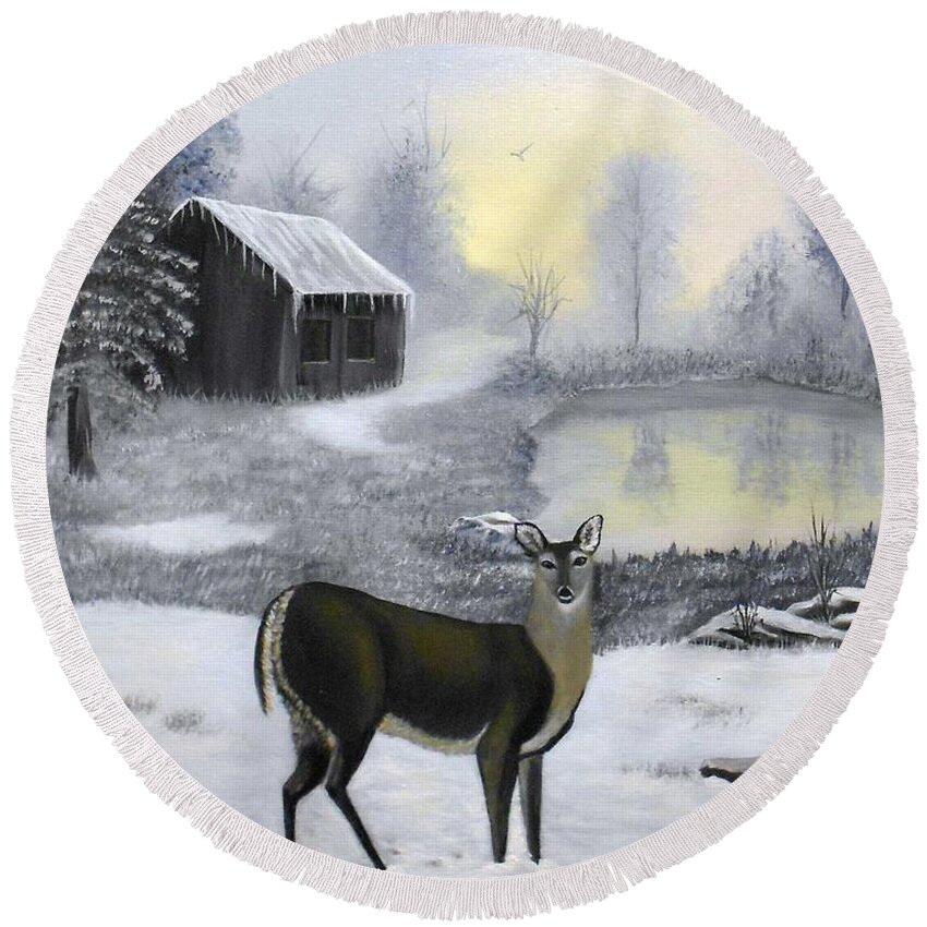 Deer Round Beach Towel featuring the painting Winter Doe by Sheri Keith