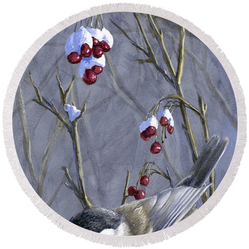 Chickadee Round Beach Towel featuring the painting Winter Harvest 2 Chickadee Painting by K Whitworth