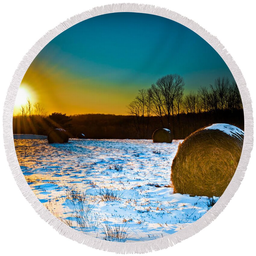 Hayfield Round Beach Towel featuring the photograph Winter Harvest Landscape by Gary Keesler