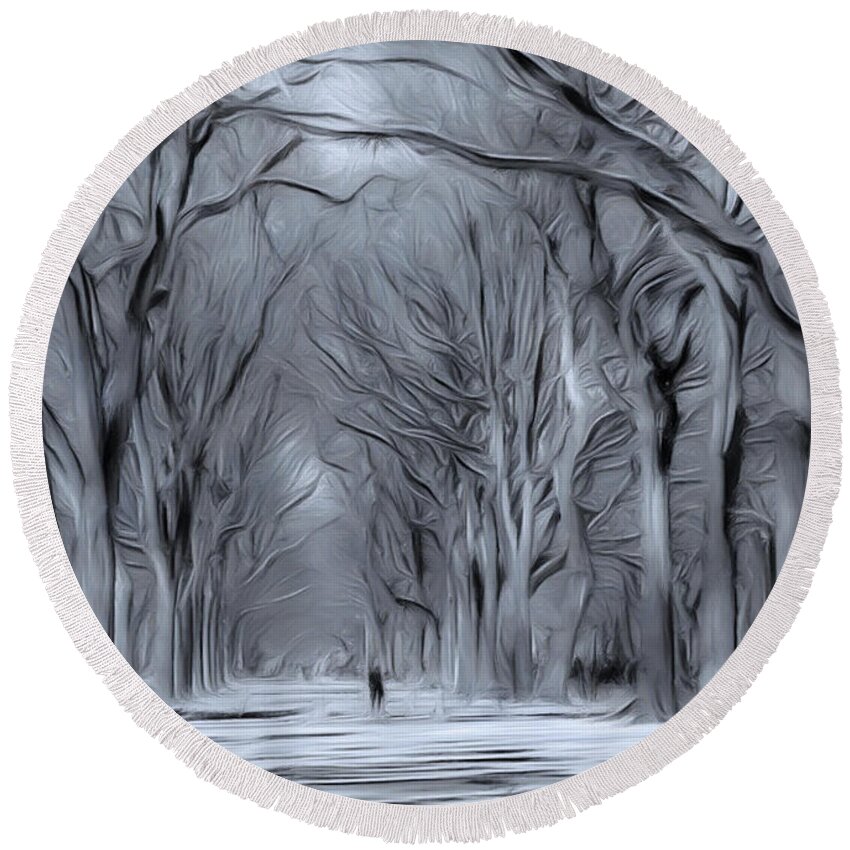 Central Park Round Beach Towel featuring the digital art Winter in Central Park by Nina Bradica