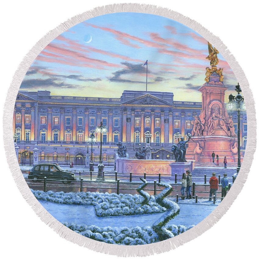 Art For Sale Round Beach Towel featuring the painting Winter Lights Buckingham Palace by Richard Harpum