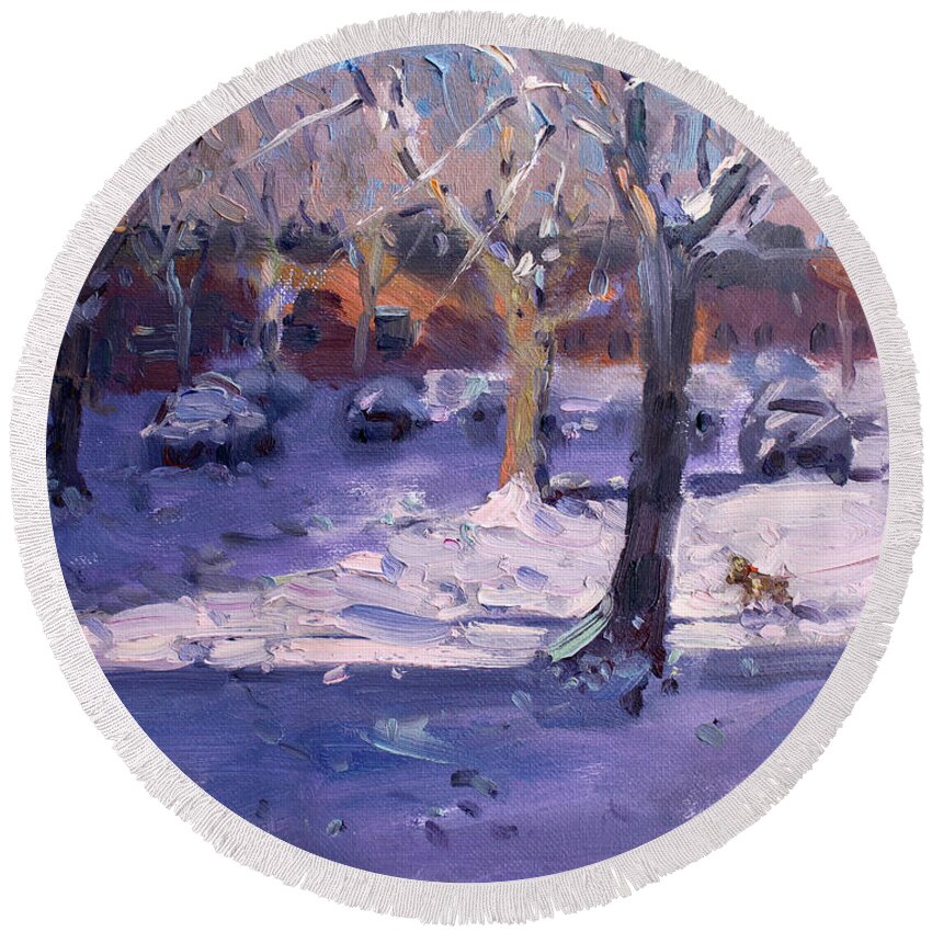 Winter Round Beach Towel featuring the painting Winter Morning in my Courtyard by Ylli Haruni