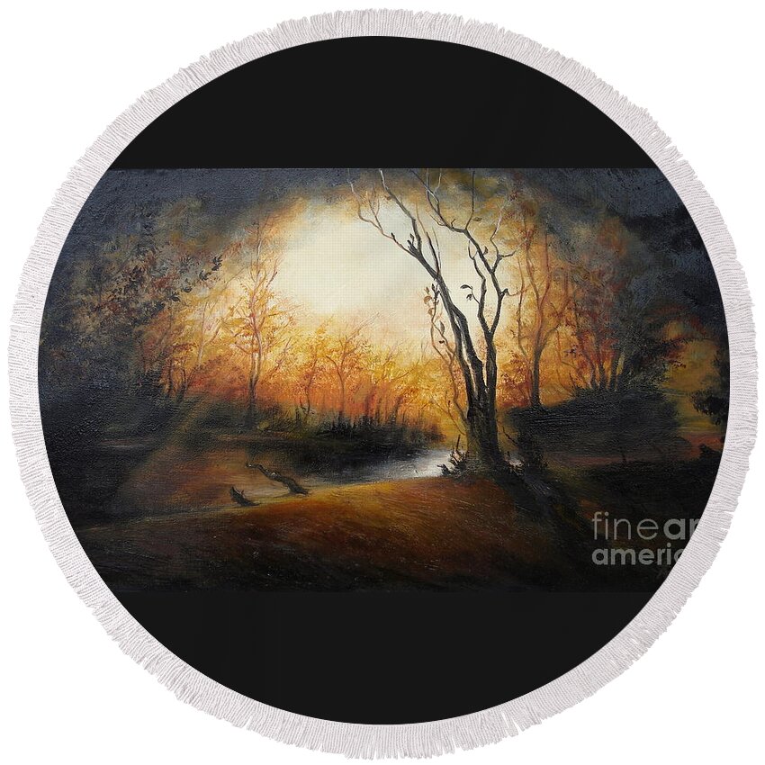 Landscape Round Beach Towel featuring the painting Winter Night by Sorin Apostolescu