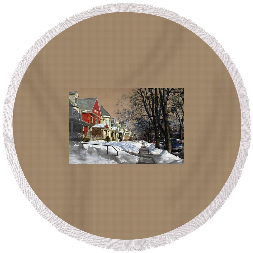 Winter Round Beach Towel featuring the pyrography Winter Scenery by Viola El