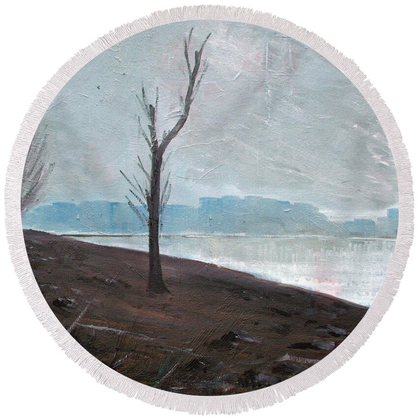 Landscape Round Beach Towel featuring the painting Winter by Sergey Bezhinets