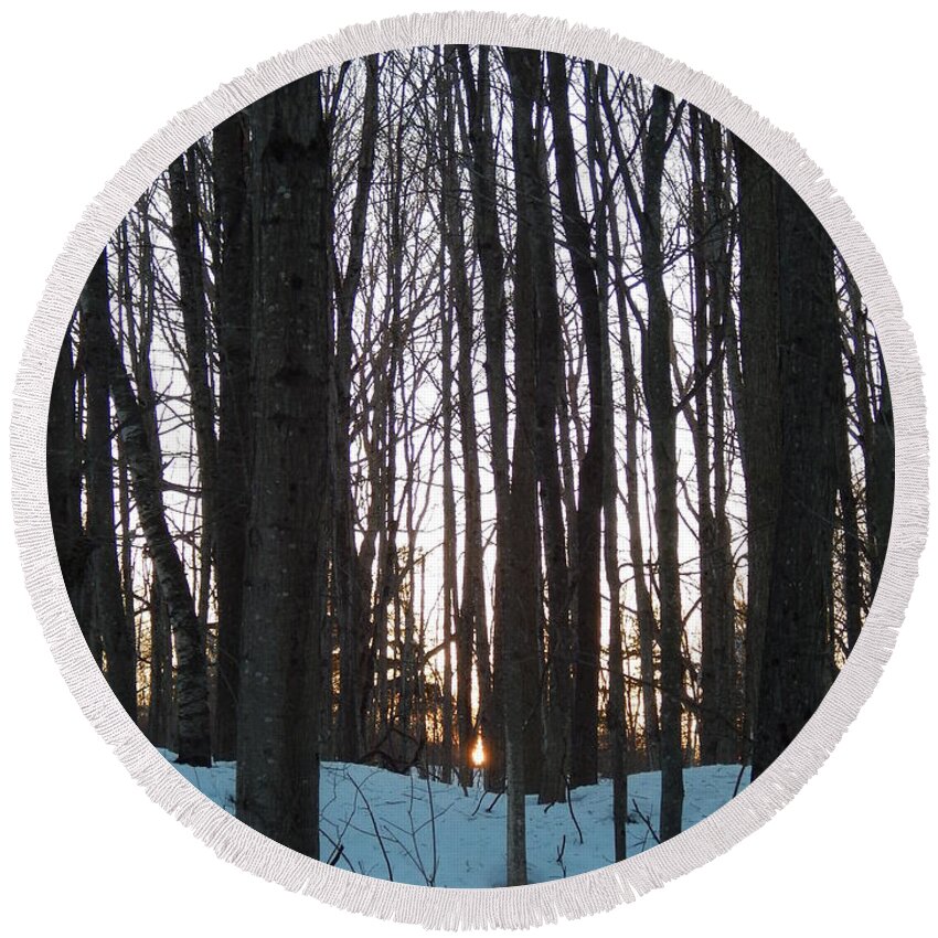 Winter Sun Sets In The Maine Woods Round Beach Towel featuring the photograph Winter sun sets in the Maine woods by Priscilla Batzell Expressionist Art Studio Gallery